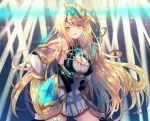  1girl artist_request bangs bare_shoulders blonde_hair blush breasts cleavage dress earrings gem gloves headpiece mythra_(xenoblade) jewelry large_breasts long_hair looking_at_viewer nintendo simple_background smile solo swept_bangs tiara very_long_hair xenoblade_(series) xenoblade_2 yellow_eyes 