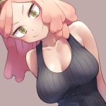  1girl black_shirt blush boku_no_hero_academia breasts cleavage collarbone commentary_request hatsume_mei head_tilt large_breasts looking_at_viewer medium_hair mochi_(mochi444420) pink_hair ribbed_shirt shirt smile solo symbol-shaped_pupils tank_top upper_body yellow_eyes 