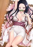  1girl arm_up artist_name bit_gag black_hair box breasts cleavage collarbone cyicheng feet_out_of_frame flower forehead from_above gag gagged hair_ribbon hand_on_own_chest in_box in_container japanese_clothes kamado_nezuko kimetsu_no_yaiba kimono long_hair looking_at_viewer lying medium_breasts obi on_back petals pink_flower ribbon sash short_kimono short_sleeves solo striped thighs vertical-striped_kimono vertical_stripes violet_eyes white_kimono white_ribbon 