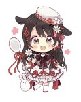  1girl :d animal animal_ears bangs beret blush bow brown_eyes brown_hair chibi dress elbow_gloves eyebrows_visible_through_hair floral_print flower full_body gloves hair_between_eyes hair_bow hair_flower hair_ornament hairclip hat highres holding holding_spoon long_hair looking_at_viewer open_mouth original over-kneehighs print_gloves rabbit red_bow red_footwear red_ribbon ribbon rose_print sakura_oriko shoes simple_background smile solo spoon standing standing_on_one_leg thigh-highs tilted_headwear very_long_hair white_background white_dress white_flower white_gloves white_headwear white_legwear 