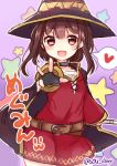  1girl belt black_gloves blush cape collar dress fingerless_gloves gloves hat heart kono_subarashii_sekai_ni_shukufuku_wo! megumin red_dress red_eyes signature smile solo sou_(soutennkouchi) spoken_heart witch_hat 