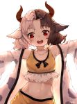  1girl animal_ears animal_print artist_name bangs bare_shoulders black_ribbon blush brown_hair collarbone commentary_request cow_ears cow_horns cow_print crop_top eyebrows_visible_through_hair grey_hair haori highres horns japanese_clothes long_sleeves looking_at_viewer midriff multicolored_hair navel open_clothes open_mouth red_eyes revision ribbon short_hair signature simple_background skirt skirt_set smile snozaki solo sports_bra stomach touhou two-tone_hair upper_body ushizaki_urumi white_background wide_sleeves yellow_skirt younger 