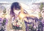  1girl black_hair blue_sky bouquet broken chain-link_fence clouds day fence flower green_eyes holding holding_bouquet jacket long_hair looking_at_viewer original outdoors plant seikai_meguru sky smile solo standing twitter_username upper_body very_long_hair vines yellow_jacket 