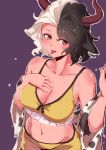  1girl :p absurdres animal_ears animal_print bare_shoulders black_hair blush breasts brown_eyes cleavage collarbone cow_ears cow_horns cow_print cowboy_shot crop_top fangs groin hand_on_own_chest hand_up haori highres horns japanese_clothes large_breasts long_sleeves looking_at_viewer midriff multicolored_hair navel off_shoulder outline purple_background revision short_hair silver_hair simple_background skirt skirt_set smile solo spaghetti_strap sports_bra stomach tongue tongue_out touhou tuck two-tone_hair ushizaki_urumi white_outline wide_sleeves yellow_skirt 