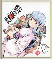  1girl bangs blue_hair blunt_bangs character_doll commentary_request fang floral_print grin hamada_yoshikazu highres japanese_clothes kagami_kazuya kimono kiriha_(tsugumomo) long_hair looking_at_viewer obi official_art pointy_ears print_kimono red_eyes sash shikishi signature simple_background smile solo teeth traditional_media tsugumomo white_background 