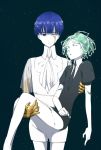  2others androgynous bangs blue_eyes blue_hair blunt_bangs carrying closed_eyes colored_eyelashes cracked crying crying_with_eyes_open crystal_hair determined dual_persona eyebrows_visible_through_hair gem_uniform_(houseki_no_kuni) golden_arms green_hair heterochromia highres houseki_no_kuni looking_at_viewer multiple_others multiple_persona necktie phosphophyllite phosphophyllite_(ll) princess_carry see-through_sleeves short_hair sleeping spoilers tears white_eyes white_skin 