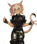  1girl animal_ears bangs black_shirt boots cat_ears cat_tail dark_skin eyebrows_visible_through_hair facial_mark facial_scar final_fantasy final_fantasy_xiv fingerless_gloves frischenq gloves heterochromia looking_at_viewer miqo&#039;te pants pink_hair scar scar_on_cheek shirt short_hair short_sleeves short_twintails slit_pupils smile solo suspenders tail thigh-highs thigh_boots twintails whisker_markings 