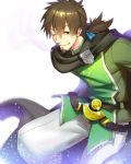  1boy beard black_cape blue_ribbon brown_hair cape cigarette commentary_request eyebrows_visible_through_hair facial_hair fate/grand_order fate_(series) goatee green_eyes green_shirt hair_between_eyes hair_ribbon hector_(fate/grand_order) looking_at_viewer male_focus one_eye_closed pants parted_lips ponytail ribbon shirt simple_background smile smoke smoking solo spiky_hair teeth waku_(ayamix) white_background white_pants 