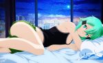  1girl absurdres aqua_eyes artist_name bed_sheet benjoerres black_tank_top breasts cleavage full_moon green_hair green_shorts hair_ornament hairclip highres looking_at_viewer lying medium_breasts midriff moon navel night night_sky on_bed on_side pillow shiny shiny_hair short_hair short_shorts shorts sideboob sinon sky smile solo star_(sky) starry_sky stomach sword_art_online 