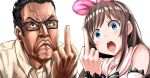  1boy 1girl a.i._channel anger_vein angry angry_video_game_nerd black_hair blue_eyes brown_hair collared_shirt commentary_request crossover drums_(artist) frown furrowed_eyebrows glasses hairband highres james_rolfe kizuna_ai long_hair middle_finger multicolored_hair open_mouth pink_hairband real_life real_youtuber sailor_collar shirt simple_background sleeveless sleeveless_shirt streaked_hair trait_connection upper_body veins virtual_youtuber what white_background 