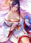  1girl :d bangs bare_shoulders blush breasts cherry_blossoms cleavage commentary_request dated eyebrows_visible_through_hair fate/grand_order fate_(series) furisode gtunver hair_ornament hand_up highres holding holding_umbrella huge_breasts japanese_clothes kimono large_breasts legs_crossed long_hair looking_at_viewer minamoto_no_raikou_(fate/grand_order) obi off_shoulder open_mouth oriental_umbrella outdoors patreon_username sash short_kimono signature sitting smile snowing solo umbrella very_long_hair violet_eyes white_kimono 