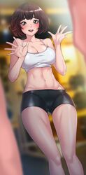  1girl absurdres akchu bike_shorts blurry blurry_background blush breasts brown_eyes brown_hair highres large_breasts legs original short_hair standing sweat tank_top thighs 