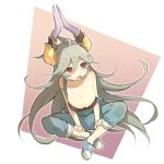  1girl ahoge alternate_costume bare_shoulders blush breasts casual cleavage collarbone commentary_request contemporary draph dutch_angle full_body granblue_fantasy grey_hair hair_between_eyes hair_flaps horns indian_style large_breasts long_hair looking_to_the_side miyashirorin open_mouth overalls red_eyes sitting solo strap_slip thalatha_(granblue_fantasy) very_long_hair 