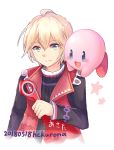  1boy 1other 2018 artist_request blonde_hair blue_eyes blush hal_laboratory_inc. hoshi_no_kirby jacket kirby kirby_(series) monado monolith_soft nintendo open_mouth short_hair shulk simple_background smile sora_(company) super_smash_bros. super_smash_bros._ultimate super_smash_bros_for_wii_u_and_3ds white_background xenoblade_(series) xenoblade_1 