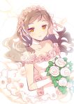  1girl bouquet breasts bridal_veil brown_eyes brown_hair choker cleavage collarbone dress floating_hair flower gloves hair_flower hair_ornament head_wreath holding holding_bouquet idolmaster idolmaster_million_live! kitazawa_shiho layered_dress long_hair looking_at_viewer medium_breasts open_mouth petals pink_flower pink_rose rose shiny shiny_hair sleeveless sleeveless_dress solo standing touon veil wedding_dress white_dress white_flower white_gloves 