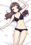  1girl armpits bed_sheet black_bra black_panties bow bow_bra bra breasts brown_eyes brown_hair cleavage collarbone frilled_panties frills from_above idolmaster idolmaster_million_live! kitazawa_shiho long_hair looking_at_viewer lying medium_breasts navel on_back panties pink_bow shiny shiny_hair shiny_skin solo touon underwear underwear_only 