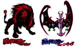  bat creatures_(company) crossover evil_mani_mani game_freak gen_7_pokemon giygas highres horns lion lunala mother_(game) mother_2 neon nintendo parody paws pokemon pokemon_(game) pokemon_sm rariatto_(ganguri) solgaleo tail wings 