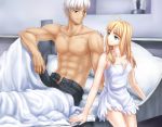  1boy 1girl abs absurdres archer artist_request artoria_pendragon_(all) blanket blonde_hair breasts cleavage couple dark_skin dress eyebrows_visible_through_hair fate/grand_order fate_(series) green_eyes grey_eyes hair_down hetero highres long_hair looking_at_another muscle no_nipples on_bed open_fly pants plant saber shirtless short_dress short_hair sitting sitting_on_bed smile white_dress white_hair 