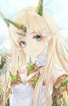  1girl absurdres bare_shoulders blonde_hair blush breasts cleavage closed_mouth collarbone diamond-shaped_pupils eyebrows_visible_through_hair flower green_eyes highres horns long_hair looking_at_viewer medium_breasts okazu_(eightstudio) original pointy_ears smile solo symbol-shaped_pupils very_long_hair 