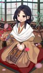  1girl absurdres akatsuki_(m12778387) black_hair brown_eyes divine_child_of_rejuvenation flower flower_pot food food_on_face highres japanese_clothes kimono long_hair long_sleeves looking_at_viewer open_mouth petals pillow rice rice_on_face screen seiza sekiro:_shadows_die_twice sitting smile solo tatami wide_sleeves 