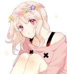  1girl artist_request bangs diabolik_lovers flipped_hair flower grey_hair head_tilt highres komori_yui leg_hug legs_together looking_at_viewer medium_hair off_shoulder parted_bangs pink_eyes pink_shirt shirt simple_background solo source_request strap upper_body white_background wreath 