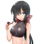  1girl bangs black_eyes black_hair black_shirt bow breasts closed_mouth commentary_request crop_top dark_skin eyebrows_visible_through_hair girls_und_panzer hair_bow hair_over_one_eye halterneck highres holding kitayama_miuki long_hair looking_at_viewer medium_breasts ogin_(girls_und_panzer) pipe ponytail red_bow shirt simple_background sleeveless sleeveless_shirt smile solo standing upper_body white_background 