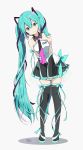  1girl aqua_eyes aqua_hair bangs black_footwear black_legwear black_skirt black_sleeves blue_nails boots commentary detached_sleeves eyebrows_visible_through_hair fingernails full_body grey_background hair_between_eyes hair_ornament hatsune_miku highres leaning_to_the_side long_hair long_sleeves looking_at_viewer multicolored_hair nail_polish necktie pink_hair pleated_skirt purple_neckwear ragho_no_erika see-through see-through_sleeves shadow shirt sidelocks signature skirt sleeves_past_wrists solo standing star strapless streaked_hair thigh-highs thigh_boots twintails very_long_hair vocaloid white_shirt 