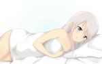  1girl azur_lane bangs bed_sheet blush breasts cleavage collarbone commentary cowboy_shot english_commentary enterprise_(azur_lane) eyebrows_visible_through_hair hair_between_eyes highres long_hair lying medium_breasts naked_sheet on_side pillow silver_hair solo under_covers violet_eyes yuujoduelist 