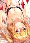  1girl absurdres alternate_breast_size bangs bare_arms bare_shoulders bed_sheet bikini black_bikini blonde_hair blush breasts collarbone commentary_request cowboy_shot crystal eyebrows_visible_through_hair flandre_scarlet hair_between_eyes hair_intakes hands_up highres knees_up large_breasts long_hair looking_at_viewer lying navel nenobi_(nenorium) on_back one_side_up parted_lips red_eyes solo star stomach strap_pull sweat swimsuit thighs touhou upside-down wings 