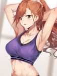  1girl arisugawa_natsuha armpits arms_behind_head arms_up bangs bare_shoulders blush bra breasts cleavage collarbone grey_eyes idolmaster idolmaster_shiny_colors large_breasts long_hair looking_at_viewer navel parted_lips ponytail purple_bra redhead scrunchie sola_(solo0730) solo sports_bra sweat swept_bangs underwear 