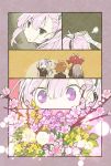  4girls bangs bouquet brown_hair comic empty_eyes eyebrows_visible_through_hair flower hair_between_eyes hair_ribbon highres konohana_suzuka long_hair multicolored_hair multiple_girls open_mouth outside_border petting pink_eyes pink_hair ponytail redhead ribbon sasaki_mitsuru satsuki_yomi shidou_maki_(toji_no_miko) short_hair side_ponytail standing toji_no_miko tsubakuro_yume two-tone_hair white_hair 