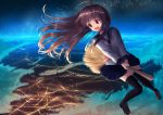  1girl :d bangs black_legwear blue_sailor_collar blue_skirt blush broom broom_riding brown_footwear brown_hair clouds commentary_request eyebrows_visible_through_hair loafers long_hair looking_away looking_to_the_side mimikaki_(men_bow) neckerchief night night_sky open_mouth original outdoors pink_neckwear pleated_skirt red_eyes round_teeth sailor_collar school_uniform serafuku shirt shoes skirt sky smile solo star_(sky) starry_sky teeth thigh-highs upper_teeth very_long_hair white_shirt 