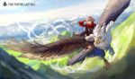  1girl achyue blue_sky brown_hair copyright_name day flying griffin medium_hair mountainous_horizon outdoors pixiv_fantasia pixiv_fantasia_last_saga pointy_ears red_scarf scarf sky solo wind 