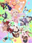  2boys 6+girls armpits arms_up black_hair blonde_hair blush capelet child_gilgamesh chloe_von_einzbern closed_eyes confetti convenient_censoring dark_skin drinking emiya_shirou fate/kaleid_liner_prisma_illya fate_(series) gakumazawa_tatsuko glasses highres homurahara_academy_uniform illyasviel_von_einzbern kaleidostick katsura_mimi key_visual kurihara_suzuka leotard long_hair looking_at_viewer luviagelita_edelfelt magical_girl magical_ruby magical_sapphire miyu_edelfelt moriyama_nanaki multiple_boys multiple_girls navel official_art one_eye_closed open_mouth pink_hair pleated_skirt prisma_illya red_eyes school_uniform skirt smile thigh-highs tohsaka_rin upper_teeth white_hair 