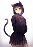  1girl absurdres animal_ears black_eyes black_hair black_hoodie black_skirt cat_ears cat_tail hand_on_hip hand_up highres hood hood_down long_sleeves medium_hair original pleated_skirt rubianeko simple_background skirt sleeves_past_fingers sleeves_past_wrists solo standing tail 