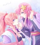  2girls black_kimono blue_eyes bow chin_hold eye_contact gundam gundam_seed gundam_seed_destiny hair_bow hand_in_hair high_ponytail japanese_clothes kimono lacus_clyne long_hair long_sleeves looking_at_another meer_campbell multiple_girls pink_hair red_bow shiny shiny_hair smile twitter_username upper_body very_long_hair yuri yuuka_seisen 