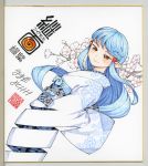  1girl blue_hair character_name cherry_blossoms copyright_name floral_print flower hair_ribbon hamada_yoshikazu highres japanese_clothes kimono kiriha_(tsugumomo) long_hair looking_at_viewer obi official_art orange_eyes pointy_ears print_kimono red_ribbon ribbon sash shikishi signature simple_background smile solo traditional_media tsugumomo white_background 