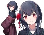  1girl bangs black_hair blush eyebrows_visible_through_hair flower gin00 hair_flower hair_ornament head_tilt idolmaster idolmaster_shiny_colors japanese_clothes kimono looking_at_viewer morino_rinze multiple_views red_eyes red_flower simple_background smile white_background 
