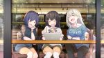  3girls :d bangs black_dress black_hair blue_shirt blush braid brat brown_pants chair closed_eyes commentary_request computer cup day disposable_cup dress drinking_straw eyebrows_visible_through_hair green_skirt hair_between_eyes hair_ornament hairclip highres higuchi_kaede holding holding_cup indoors laptop laughing multiple_girls nijisanji on_chair open_mouth pants pleated_skirt puffy_short_sleeves puffy_sleeves see-through see-through_sleeves shirt shizuka_rin short_hair short_sleeves silver_hair sitting skirt smile table tears thigh-highs tsukino_mito violet_eyes virtual_youtuber white_legwear white_shirt window 