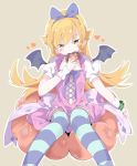  1girl bakemonogatari bangs bat_wings black_wings blonde_hair blue_hairband blue_ribbon blush_stickers brown_background brown_eyes commentary_request doughnut dress eating eyebrows_behind_hair feet_out_of_frame food french_cruller hair_between_eyes hair_ribbon hairband half-closed_eyes head_tilt heart highres holding holding_food long_hair looking_at_viewer monogatari_(series) navel navel_cutout oshino_shinobu outline pink_dress puffy_short_sleeves puffy_sleeves ribbon short_sleeves sitting solo striped striped_legwear tantan_men_(dragon) thigh-highs very_long_hair white_outline wings 