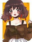  1girl :d akiyama_yukari alternate_hairstyle bangs black_shirt blush casual collarbone commentary eyebrows_visible_through_hair flying_sweatdrops girls_und_panzer hair_ribbon long_sleeves looking_at_viewer low_twintails off-shoulder_shirt off_shoulder open_mouth orange_background outside_border pokoyosi red_ribbon ribbon shirt short_hair skirt sleeves_past_wrists smile solo standing twintails upper_body white_skirt zipper 
