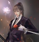  1girl absurdres black_neckwear brown_eyes brown_hair character_request copyright_request flower formal gloves hair_tie highres holding holding_sword holding_weapon long_hair long_sleeves looking_at_viewer mofa_shaonu_quan necktie petals rose serious sidelocks solo standing suit sword upper_body very_long_hair weapon white_gloves 