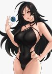  1girl ahoge aori_sora bangs bare_shoulders black_hair black_sclera black_swimsuit blackhole-chan blush breasts covered_navel cowboy_shot curvy earth hair_between_eyes hand_on_hip highres large_breasts long_hair looking_at_viewer mole mole_under_mouth o-ring o-ring_swimsuit one-piece_swimsuit open_mouth orange_eyes original personification planet solo swimsuit very_long_hair white_background 