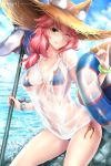  1girl animal_ear_fluff animal_ears bangs beach beach_umbrella bikini blue_bikini blue_sky blush bracelet breasts closed_mouth cute ears_through_headwear fate/extra fate/grand_order fate_(series) fox_ears fox_girl fox_shadow_puppet fox_tail hair_between_eyes hat innertube jewelry large_breasts long_hair looking_at_viewer pink_hair rei_kun shirt short_sleeves sky smile solo straw_hat sun_hat swimsuit tail tamamo_(fate)_(all) tamamo_no_mae_(swimsuit_lancer)_(fate) thighs type-moon umbrella wet wet_clothes wet_shirt wet_t-shirt white_shirt 