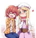  2girls :3 :d ^_^ artist_name bangs beret blonde_hair blue_pants bow bowtie brown_hair closed_eyes closed_eyes commentary_request dress eyebrows_visible_through_hair feet_out_of_frame food green_eyes hair_between_eyes hand_on_own_chest hand_up hat hat_bow heart highres himesaka_noa holding holding_food hoshino_hinata jacket koissa long_hair multiple_girls one_side_up open_mouth orange_jacket pants pinafore_dress purple_bow purple_dress purple_neckwear shirt short_hair sidelocks signature sitting smile watashi_ni_tenshi_ga_maiorita! white_background white_headwear white_shirt yuri 