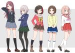  5girls afterglow_(bang_dream!) aoba_moca arms_behind_back bang_dream! bangs black_footwear black_hair black_jacket black_legwear blazer blue_eyes blue_jacket blue_neckwear blue_skirt blush bob_cut boots bow bowtie brown_eyes brown_footwear brown_hair brown_skirt cardigan commentary_request crossed_arms frown full_body green_eyes green_skirt grey_background grey_hair grey_skirt hand_behind_head hand_on_hip hands_together hazawa_tsugumi jacket kneehighs loafers long_hair long_sleeves looking_at_viewer low_twintails miniskirt mitake_ran multicolored_hair multiple_girls neck_ribbon necktie pantyhose pigeon-toed pink_hair pink_neckwear pleated_skirt red_jacket red_skirt redhead ribbon school_uniform serafuku shipii_(jigglypuff) shoes short_hair simple_background skirt smile standing streaked_hair thigh-highs twintails udagawa_tomoe uehara_himari violet_eyes white_legwear yellow_cardigan yellow_neckwear 