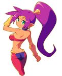  1girl ass blue_choker breasts butt_crack choker closed_mouth dark_skin earrings from_behind green_eyes jewelry long_hair looking_at_viewer looking_back medium_breasts metata midriff pointy_ears ponytail purple_hair shantae_(character) shantae_(series) sideboob simple_background smile solo white_background yellow_earrings 