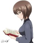  1girl artist_name bangs black_skirt book brown_eyes brown_hair bukkuri closed_mouth commentary dated dress_shirt eyebrows_visible_through_hair from_side girls_und_panzer grey_shirt holding holding_book insignia kuromorimine_school_uniform light_frown long_sleeves nishizumi_maho pleated_skirt reading school_uniform shirt short_hair signature simple_background skirt solo upper_body white_background 