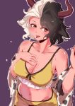  1girl :p absurdres animal_ears animal_print bare_shoulders black_hair blush breasts brown_eyes cleavage collarbone cow_ears cow_horns cow_print cowboy_shot crop_top fangs groin hand_on_own_chest hand_up haori highres horns japanese_clothes large_breasts long_sleeves looking_at_viewer midriff multicolored_hair navel off_shoulder outline purple_background short_hair silver_hair simple_background skirt skirt_set smile solo spaghetti_strap sports_bra stomach tongue tongue_out touhou tuck two-tone_hair ushizaki_urumi white_outline wide_sleeves yellow_skirt 