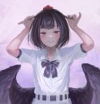  1girl arms_up bad_anatomy bad_hands belt bird_wings black_belt black_hair black_ribbon black_wings blush closed_mouth collared_shirt eyebrows_visible_through_hair feathered_wings fjsmu hair_grab half-closed_eyes hat highres looking_at_viewer neck_ribbon pink_background puffy_short_sleeves puffy_sleeves purple_background red_eyes red_headwear ribbon shameimaru_aya shirt short_hair short_sleeves smile solo tokin_hat touhou upper_body white_shirt wing_collar wings 